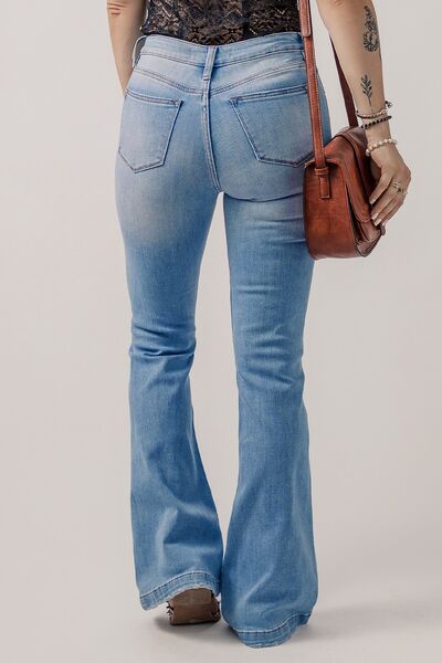 SYNZ Button-Fly Distressed Flare Jeans