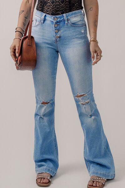 SYNZ Button-Fly Distressed Flare Jeans