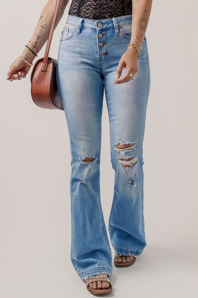 SYNZ Button-Fly Distressed Flare Jeans